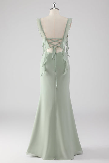 Robe de demoiselle d'honneur longue vert sauge à volants et lacets dans le dos avec fente